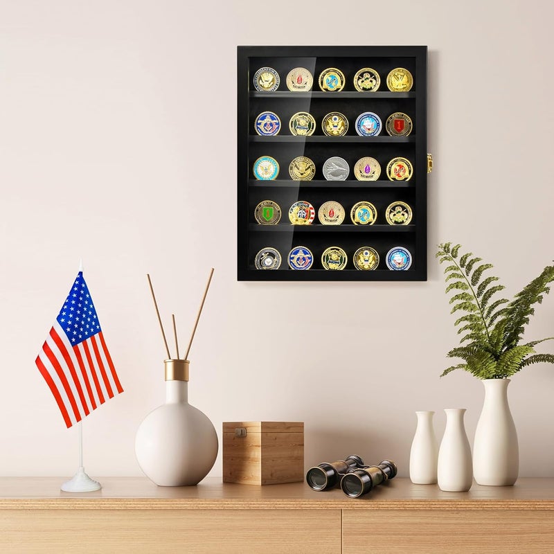 TJMOREE Military Challenge Coin Display Case, Coin Display Holder Wall Mount with Removable Shelves, Shadow Box for Medals Pin Badges Buttons - Image 4